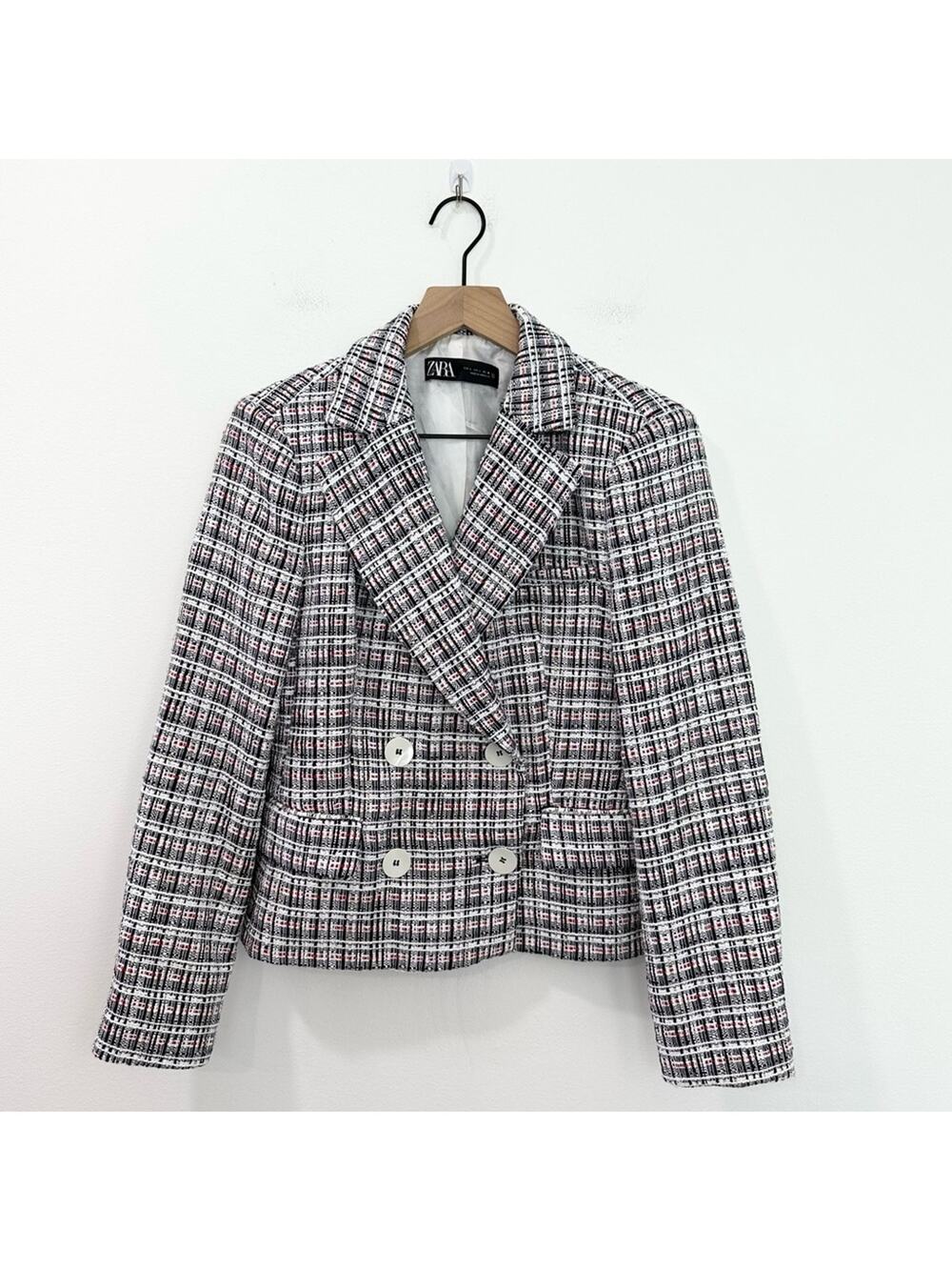 Zara Textured Double Tweed Breasted Blazer Classic Preppy Large